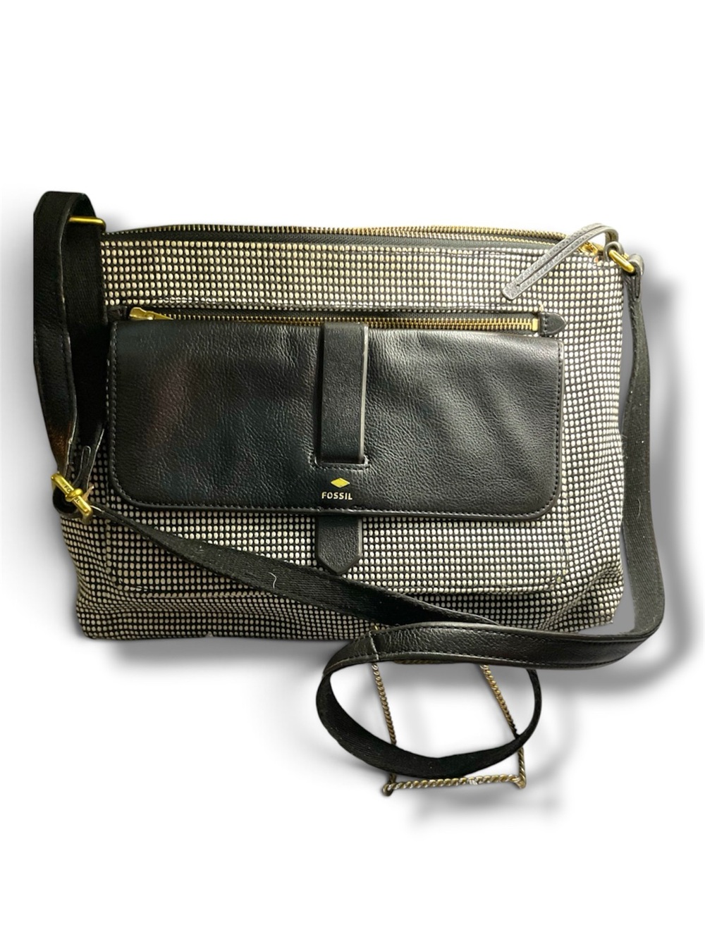 Fossil Black and Cream Patterned Crossbody Bag with Gold Hardware